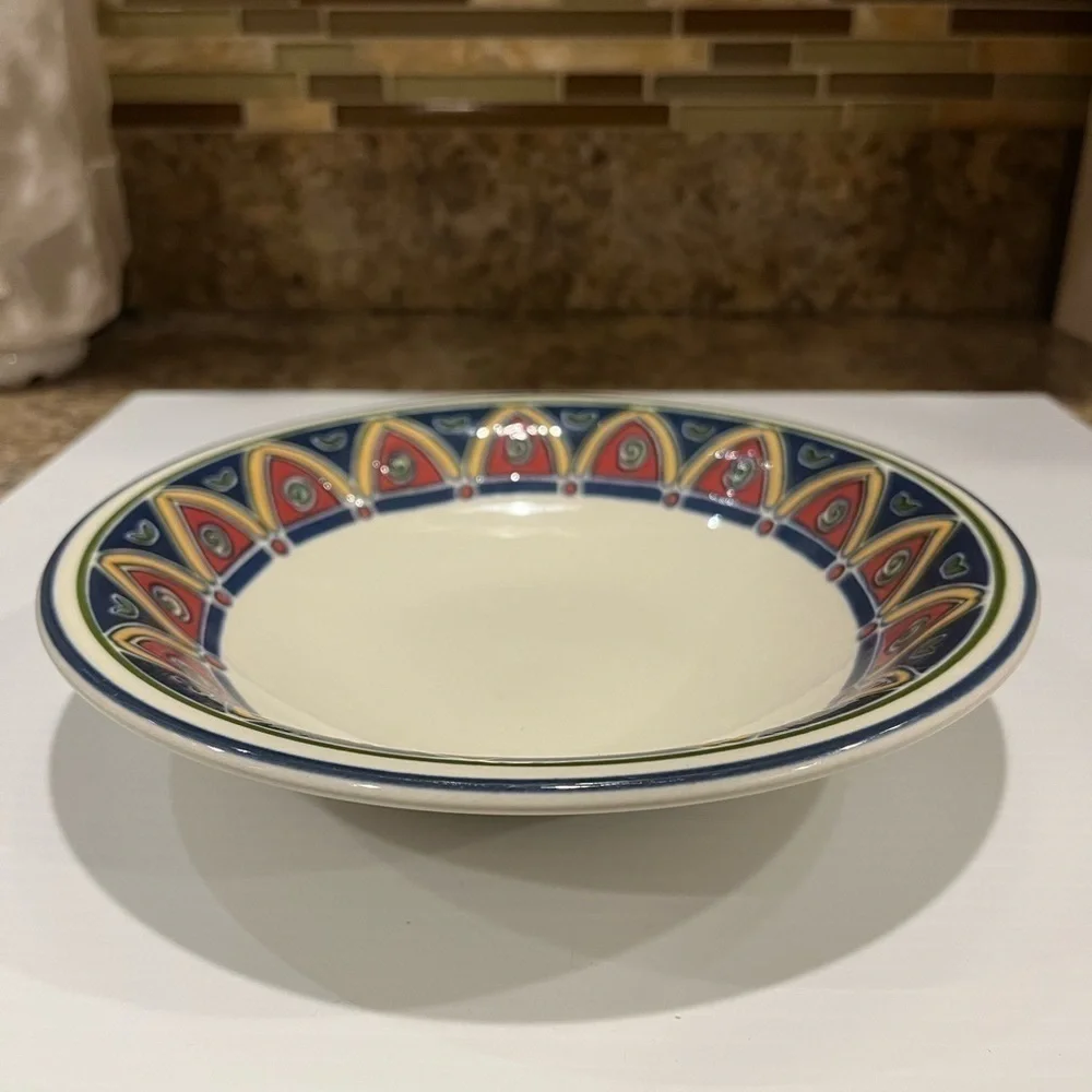 Pier 1 Bowl Red, Blue. Yellow Geometric Pattern 8 1/4 inches